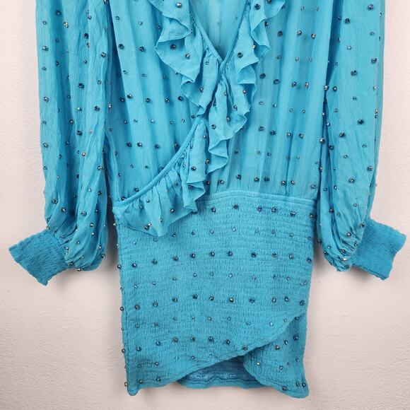 Retrofete Lennon Embellished Silk Chiffon Dress in Blue Size Small NWT Crystal - Picture 5 of 11